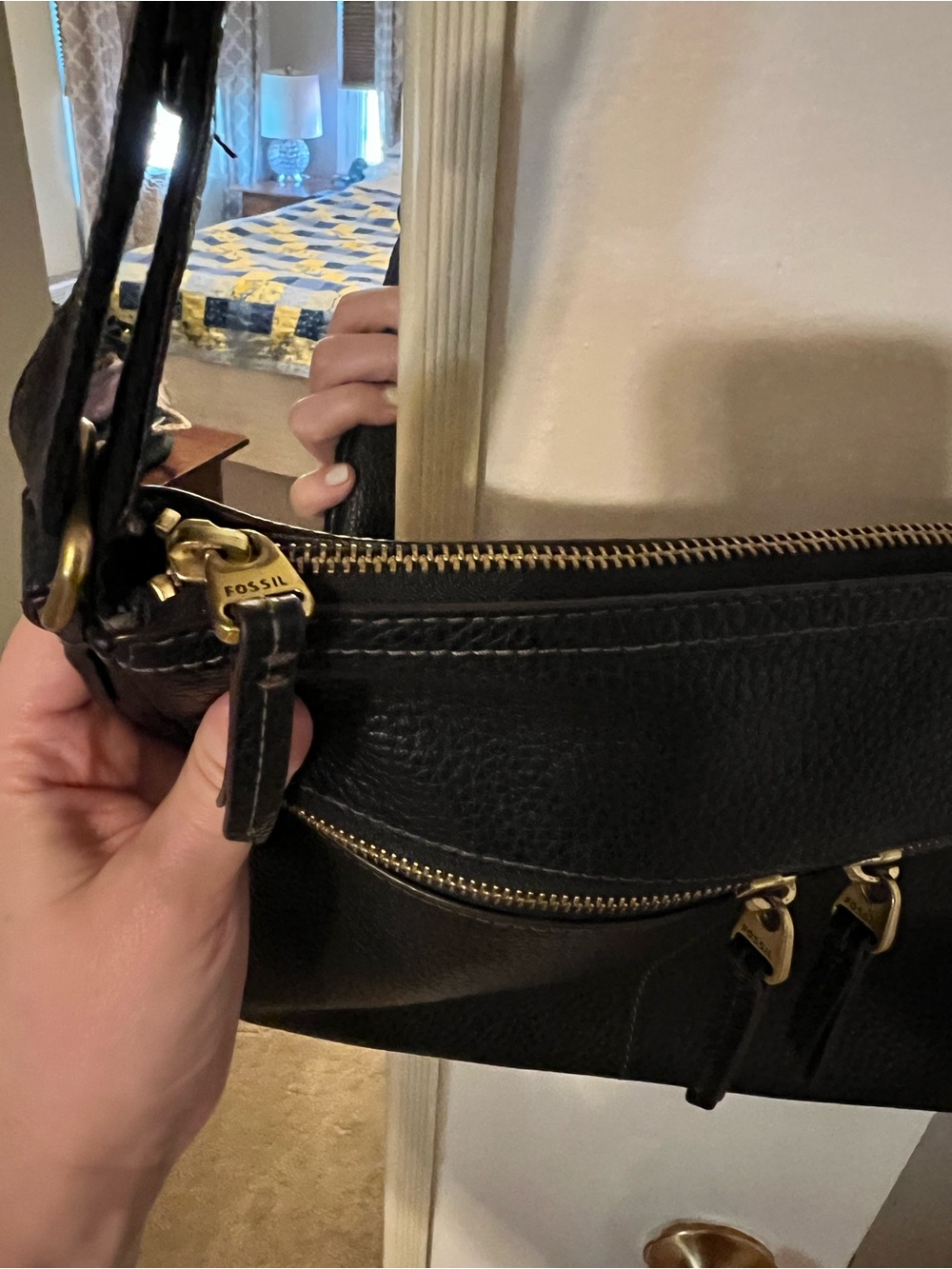 Black Leather Crossbody Bag with Gold Zippers - Picture 7 of 12